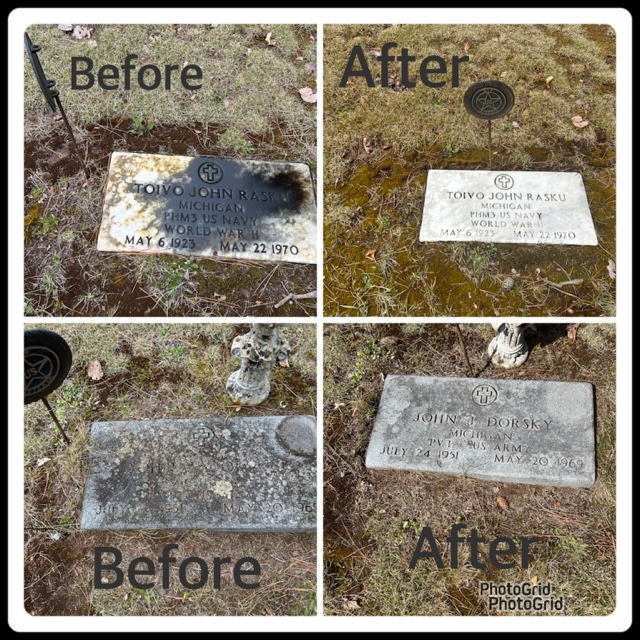 God's Work. Our Hands. Project... cleaning Veteran's grave markers at L'Anse Evergreen Cemetery